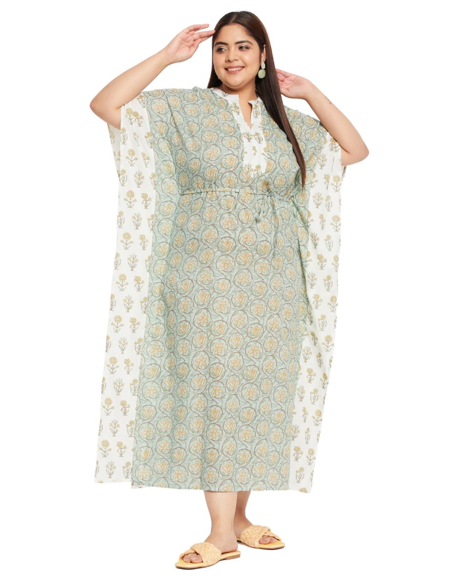 Sea Green Cotton Floral Loungewear kaftan for Plus Size Women