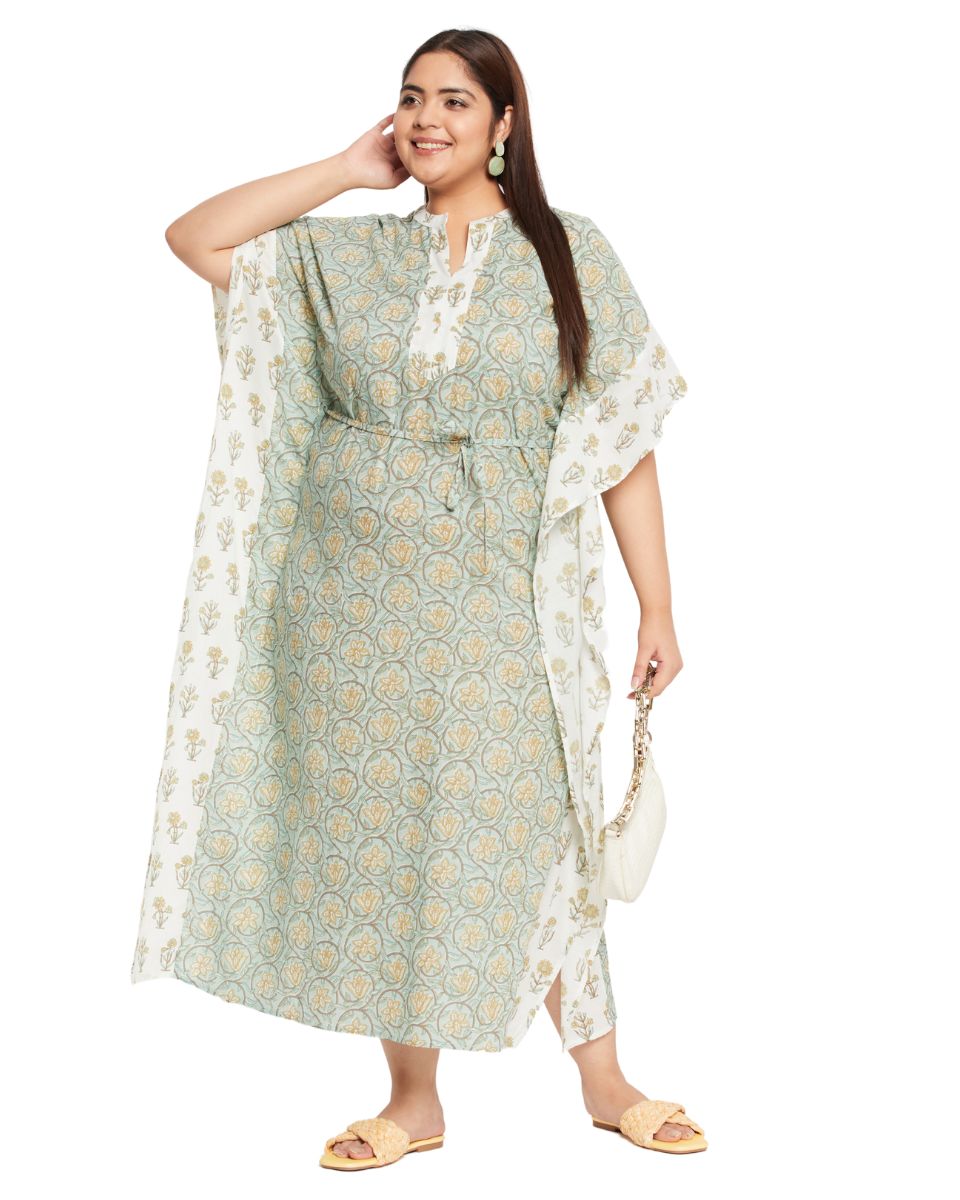 Sea Green Cotton Floral Loungewear kaftan for Plus Size Women