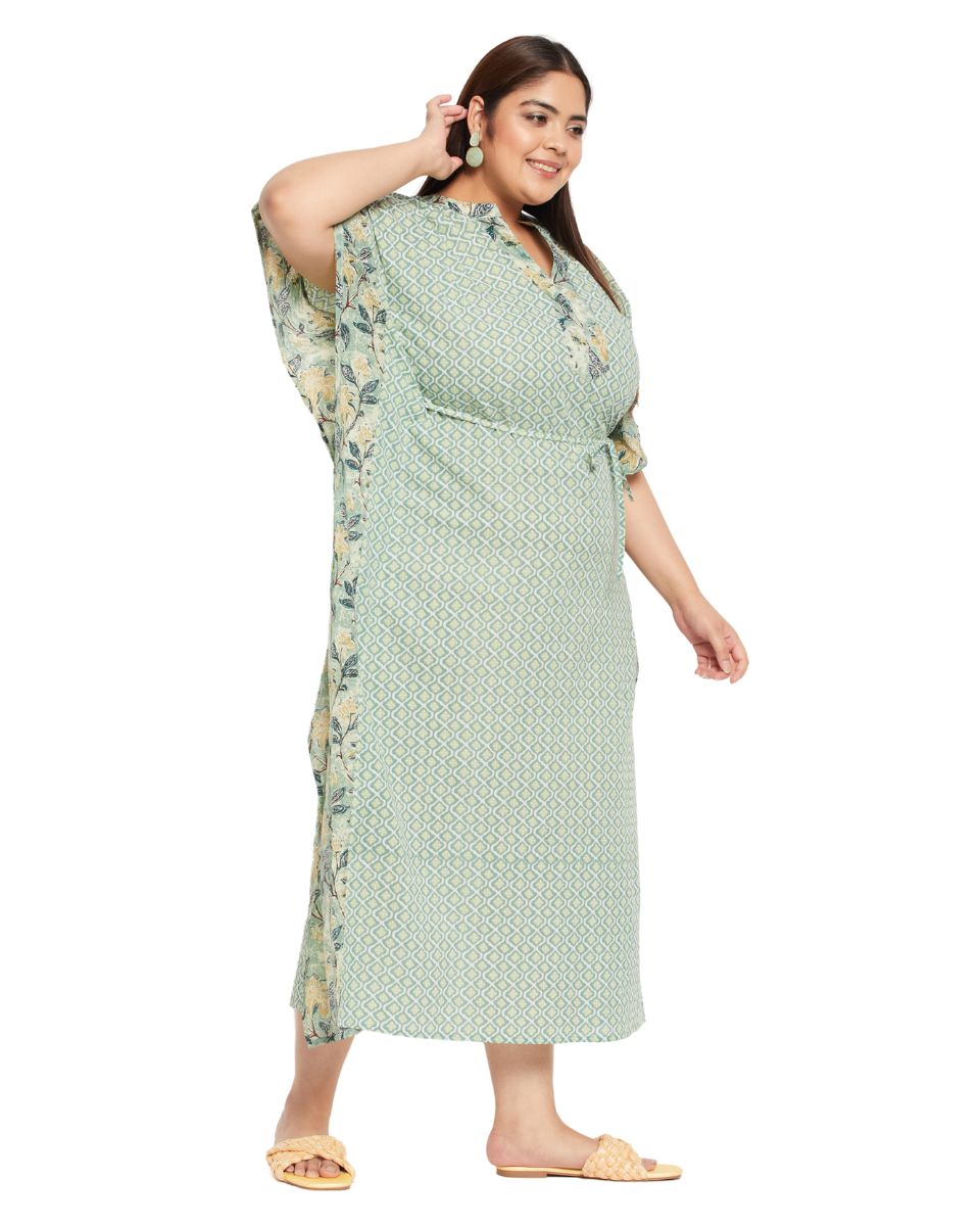 Floral Moss Green Cotton Drawstring Kaftan For Plus Size Women
