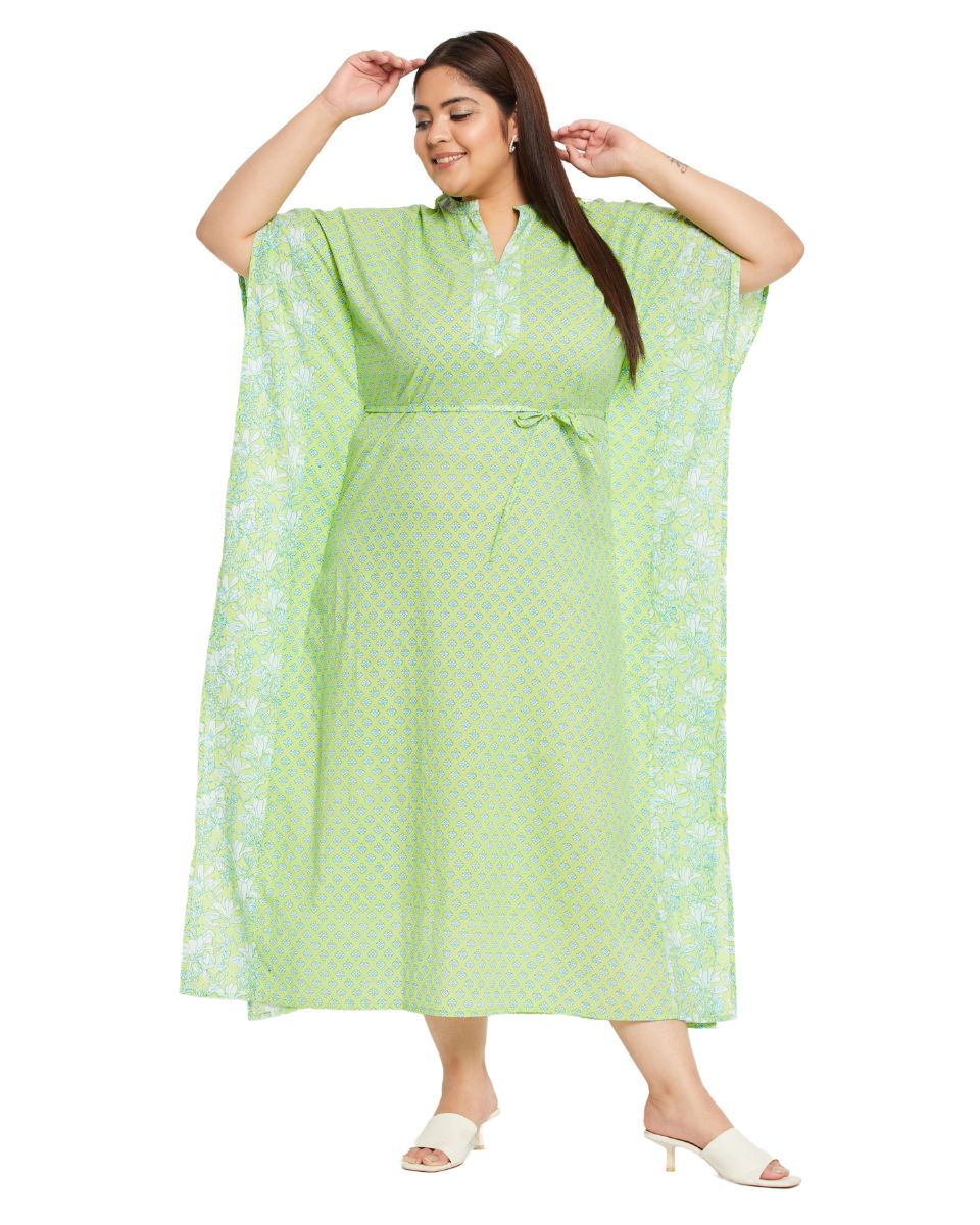 Floral Printed Neon Green Cotton Kaftan For Plus Size Women