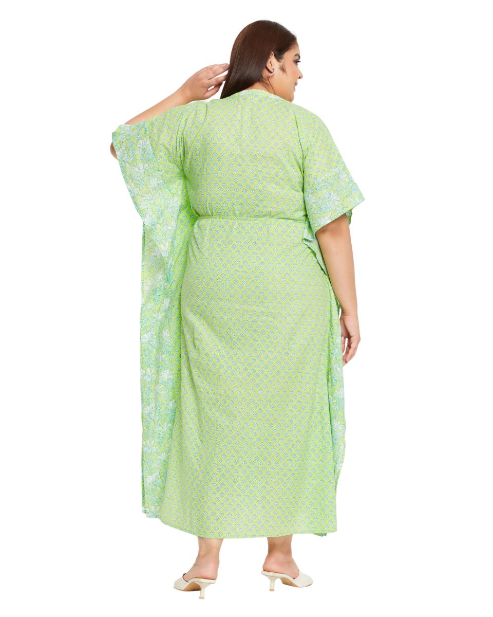 Floral Printed Neon Green Cotton Kaftan For Plus Size Women