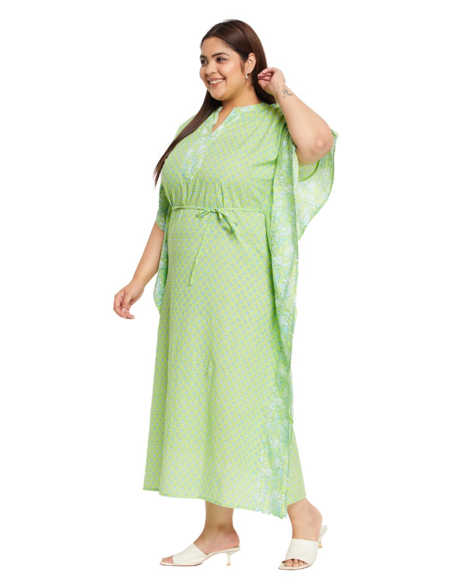 Floral Printed Neon Green Cotton Kaftan For Plus Size Women