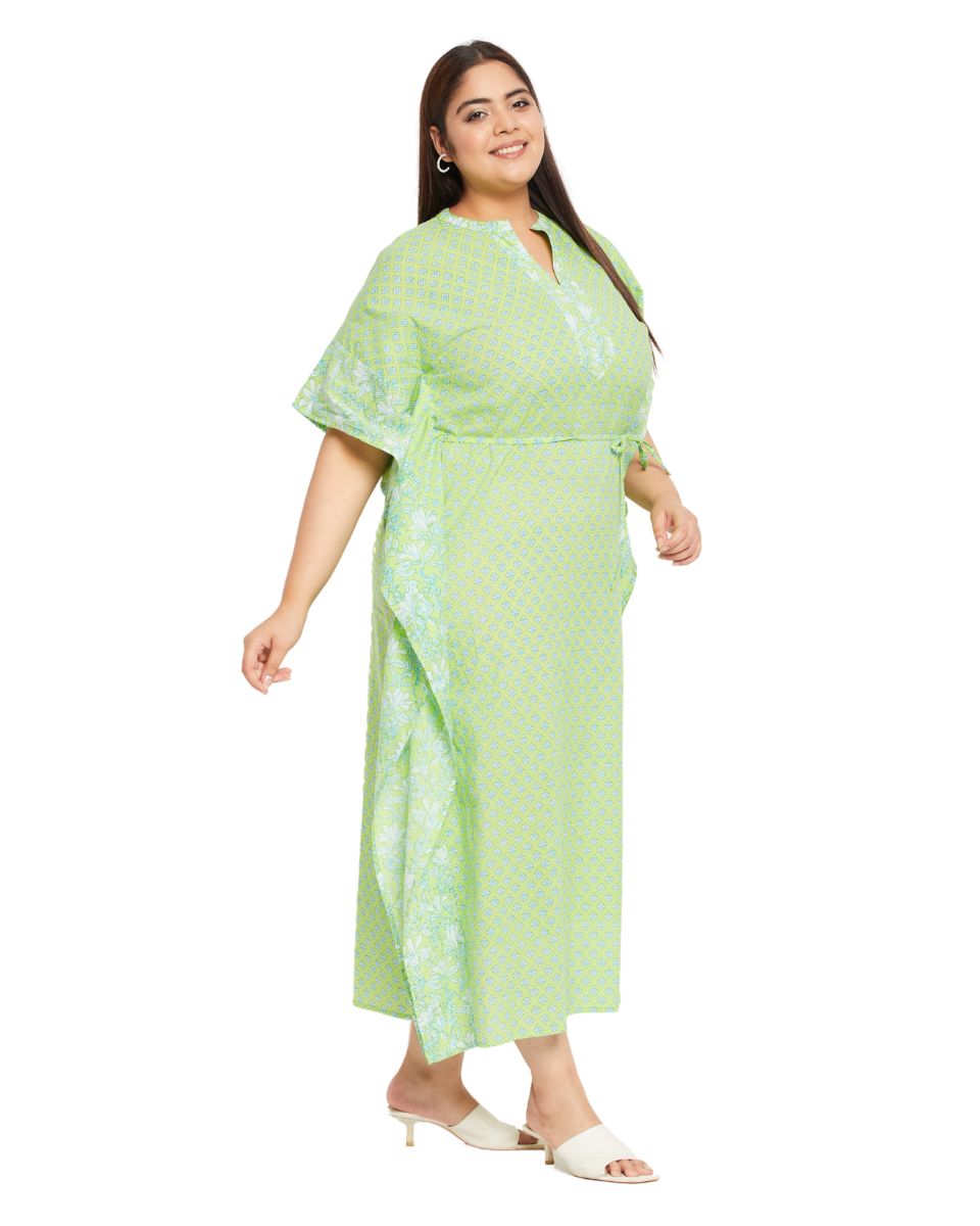 Floral Printed Neon Green Cotton Kaftan For Plus Size Women