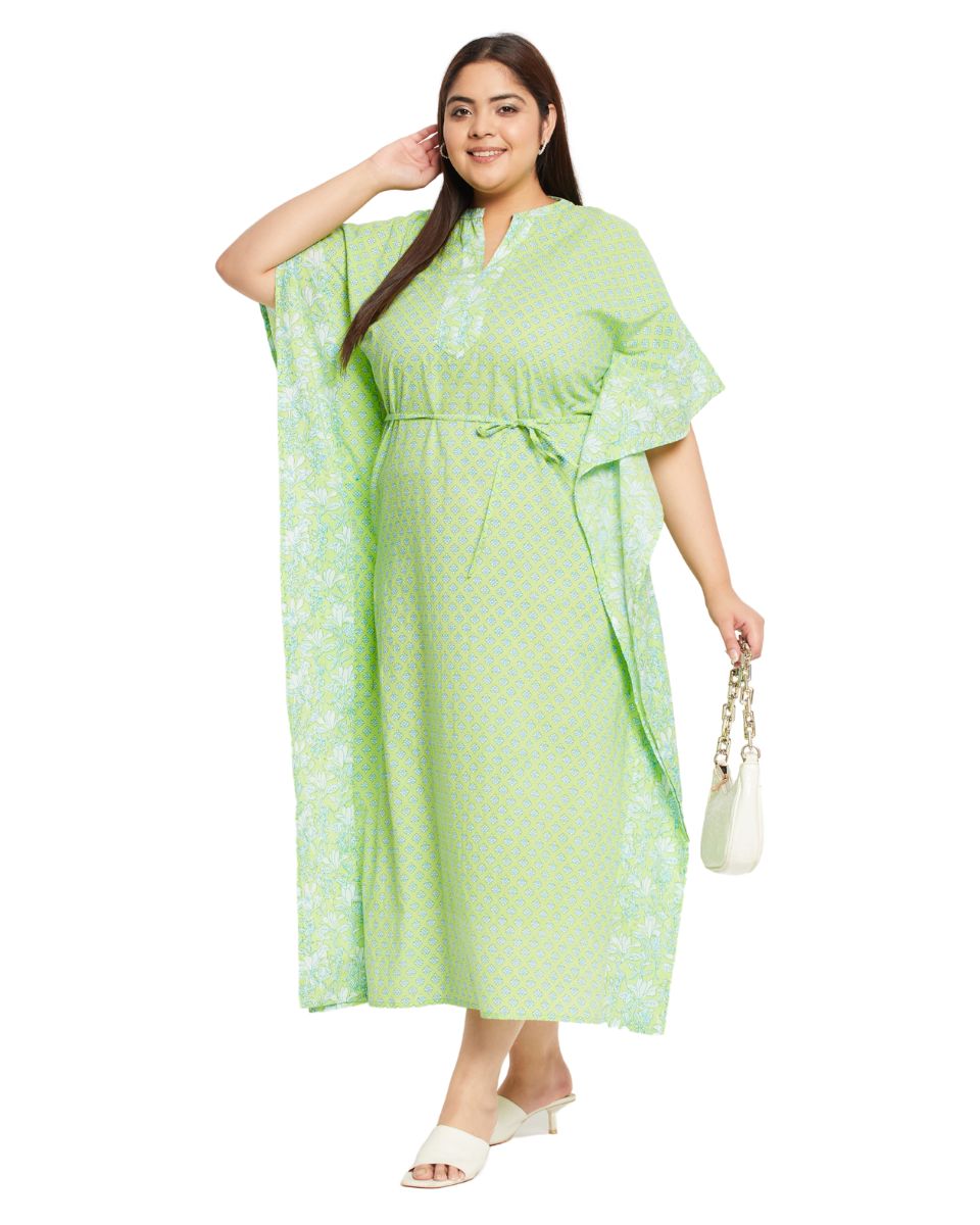 Floral Printed Neon Green Cotton Kaftan For Plus Size Women