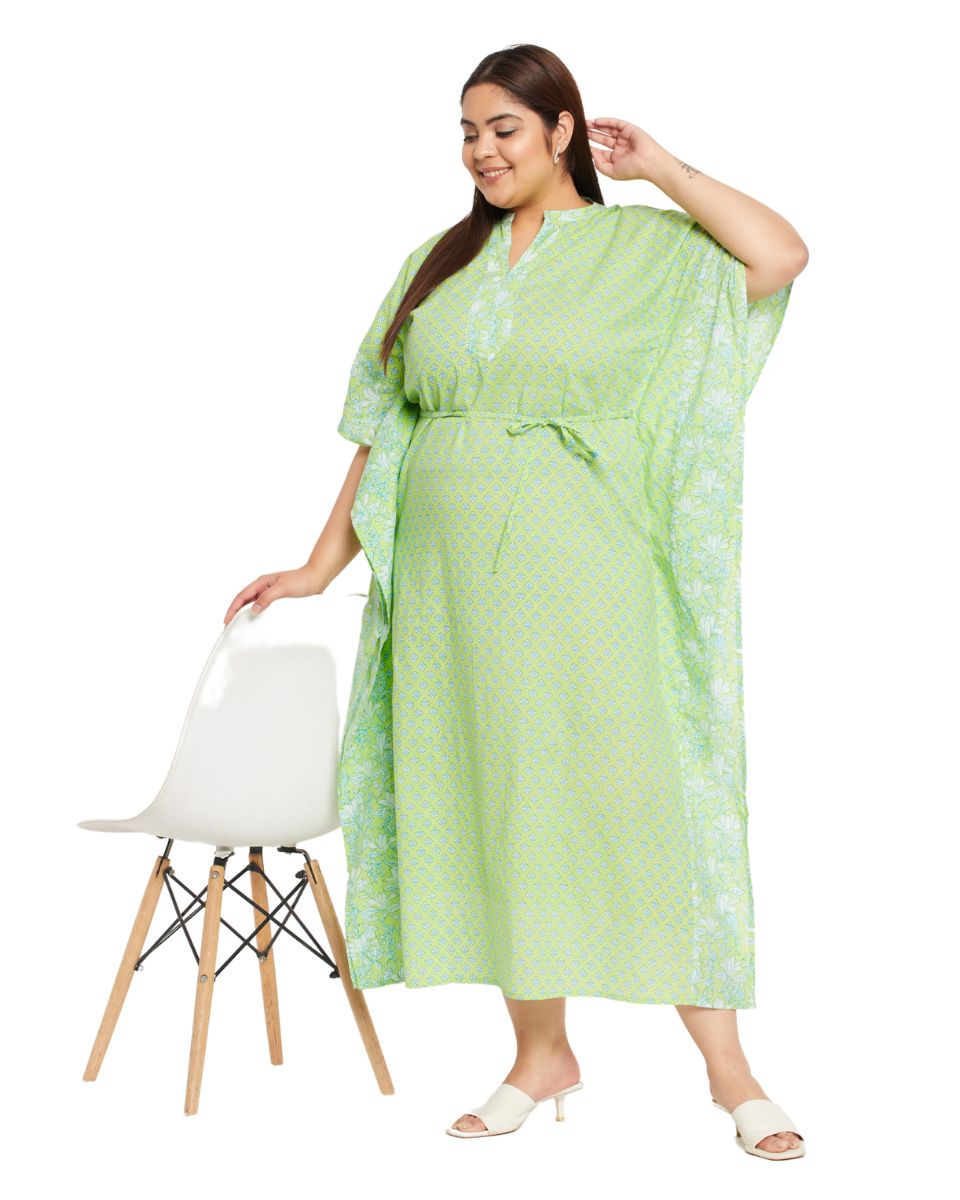 Floral Printed Neon Green Cotton Kaftan For Plus Size Women