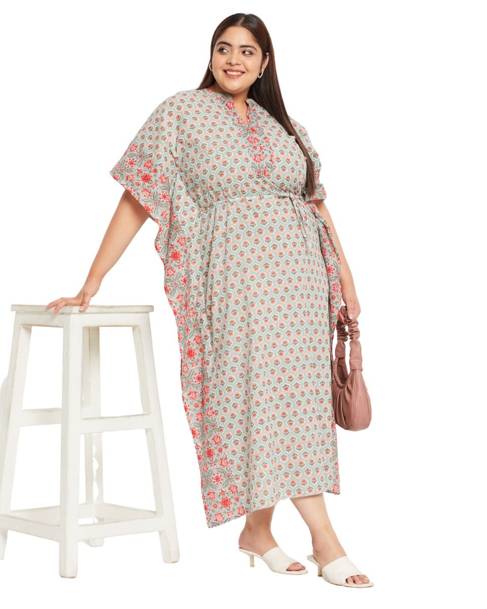 Floral Plus Size Cotton Drawstring Kaftan For Women