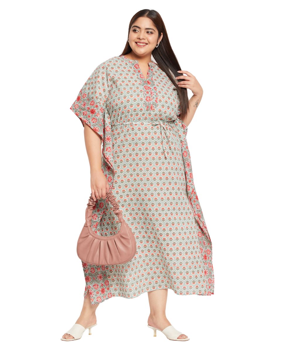 Floral Plus Size Cotton Drawstring Kaftan For Women