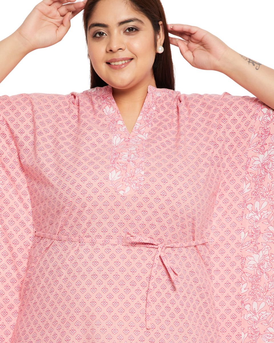 Floral Pink Cotton Elegant Evening Kaftan For Plus Size Women