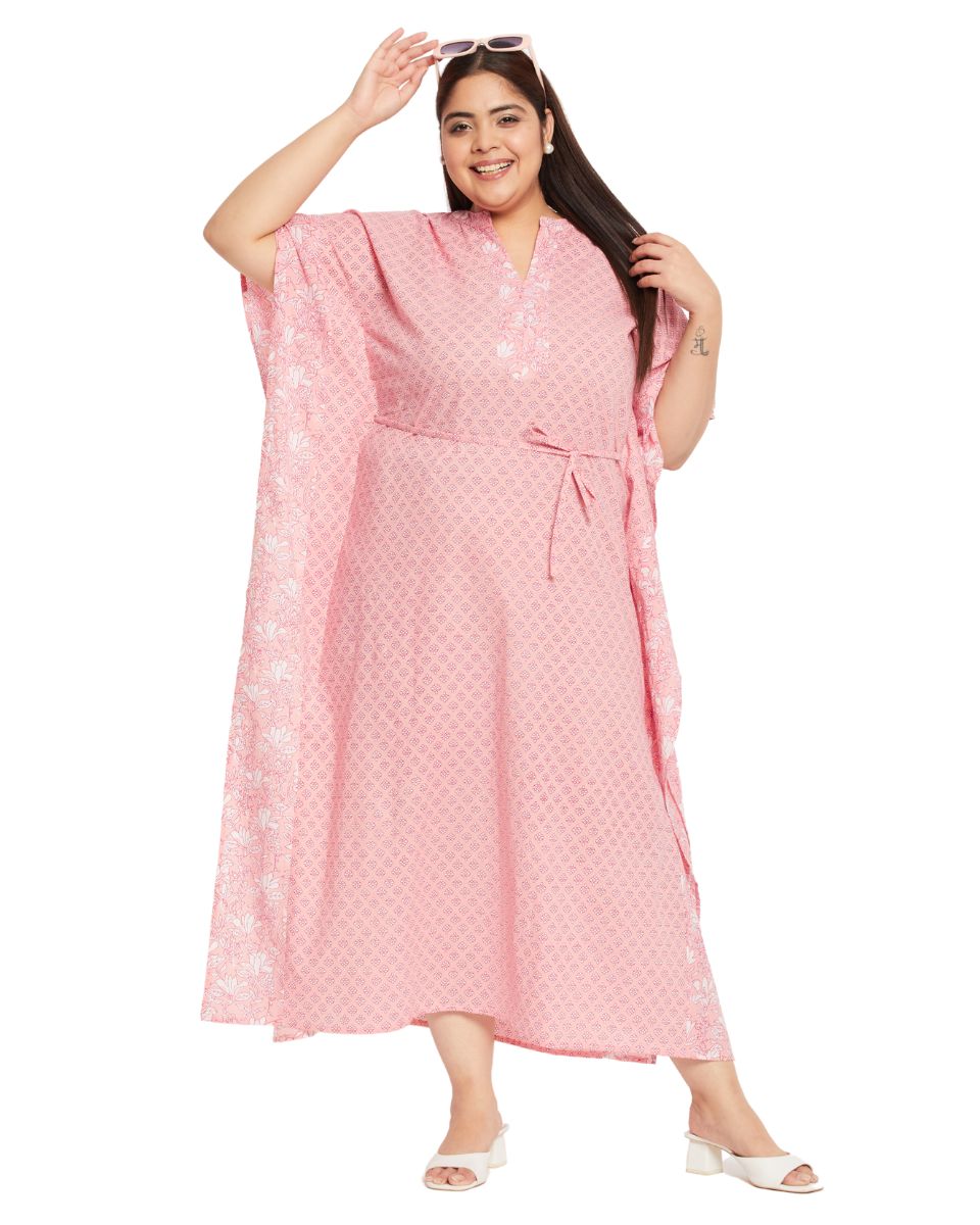 Floral Pink Cotton Elegant Evening Kaftan For Plus Size Women