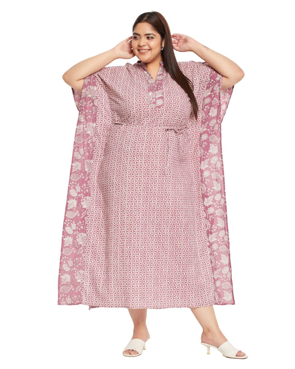 Floral Printed Rust Cotton Drawstring Kaftan Plus Size Dress For Women