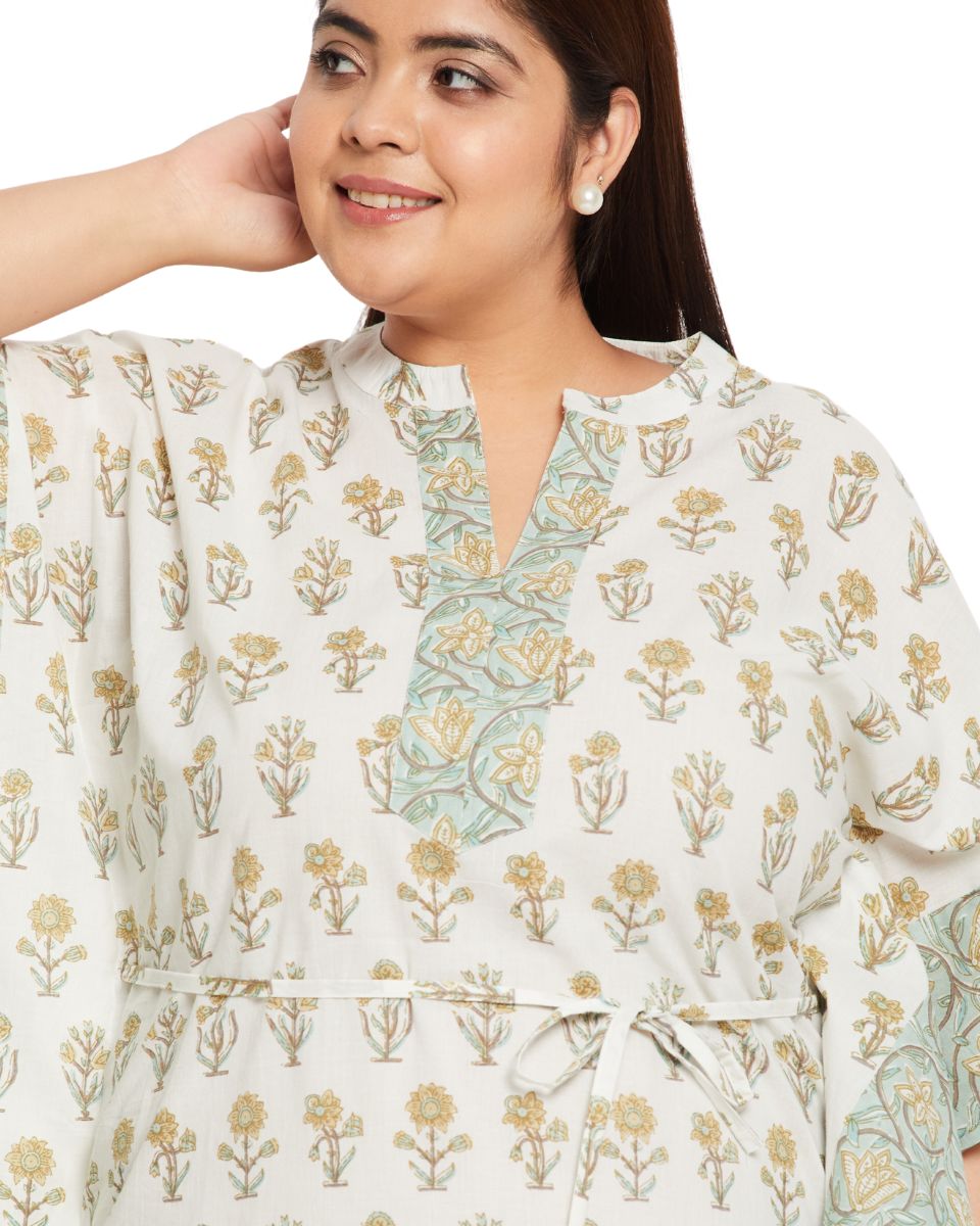 Floral Print White Cotton Drawstring Kaftan Dress For Plus Size Women