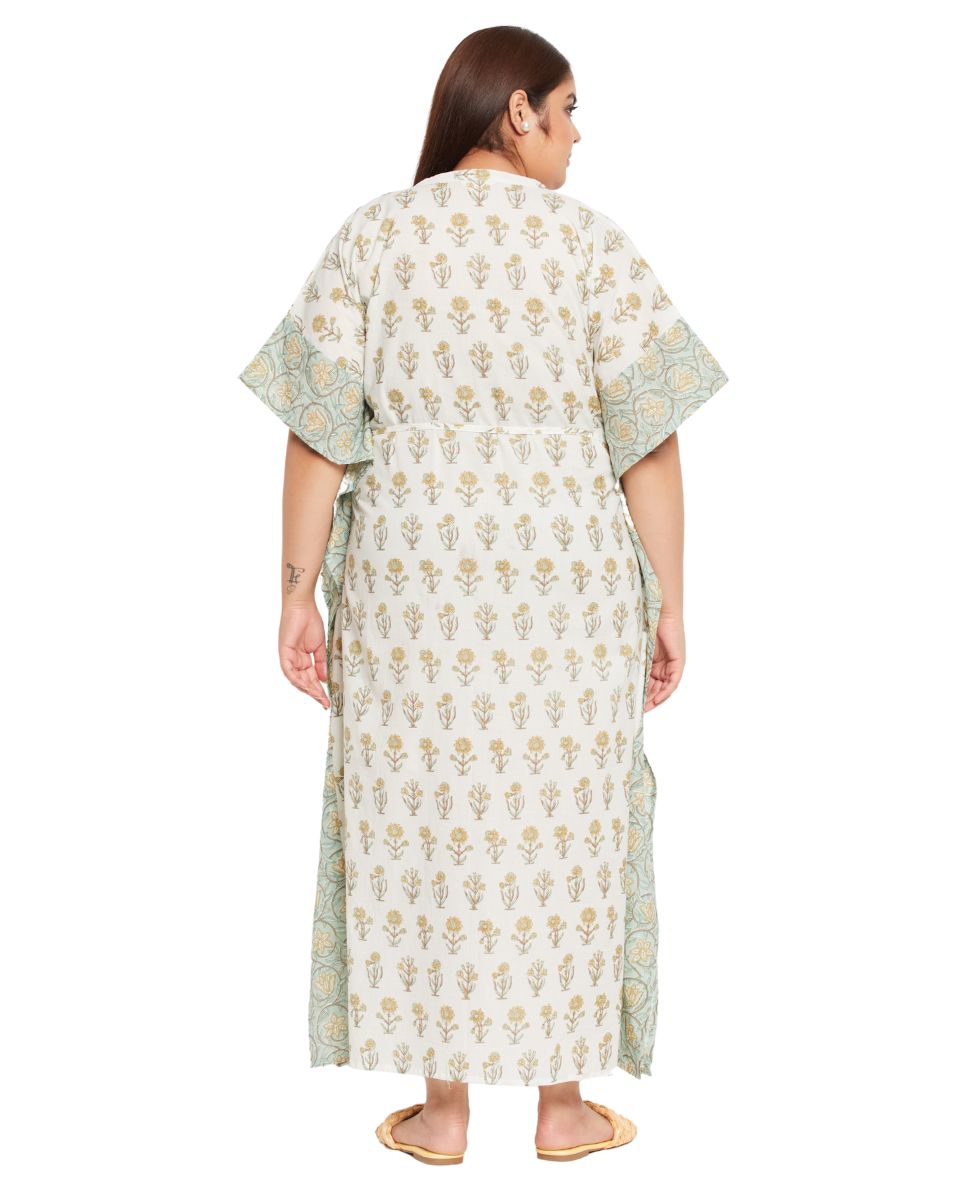 Floral Print White Cotton Drawstring Kaftan Dress For Plus Size Women