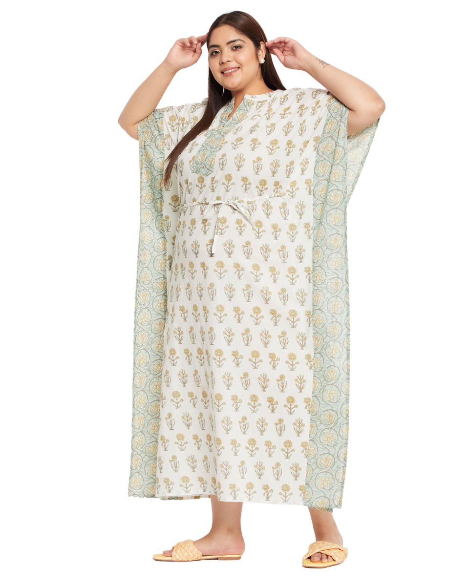 Floral Print White Cotton Drawstring Kaftan Dress For Plus Size Women