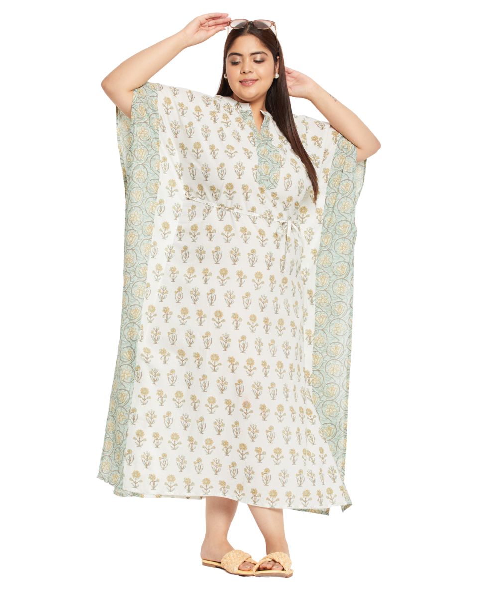 Floral Print White Cotton Drawstring Kaftan Dress For Plus Size Women