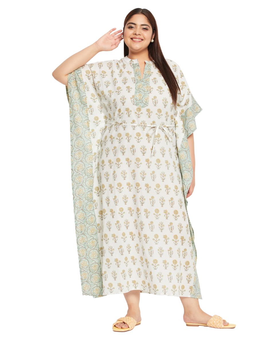 Floral Print White Cotton Drawstring Kaftan Dress For Plus Size Women