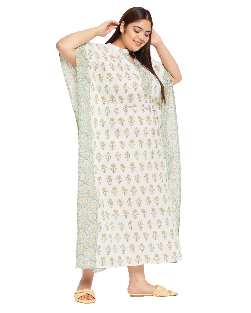 Floral Print White Cotton Drawstring Kaftan Dress For Plus Size Women