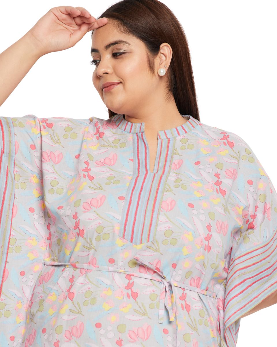 Gray Cotton Plus Size Floral Kaftan Dress For Women