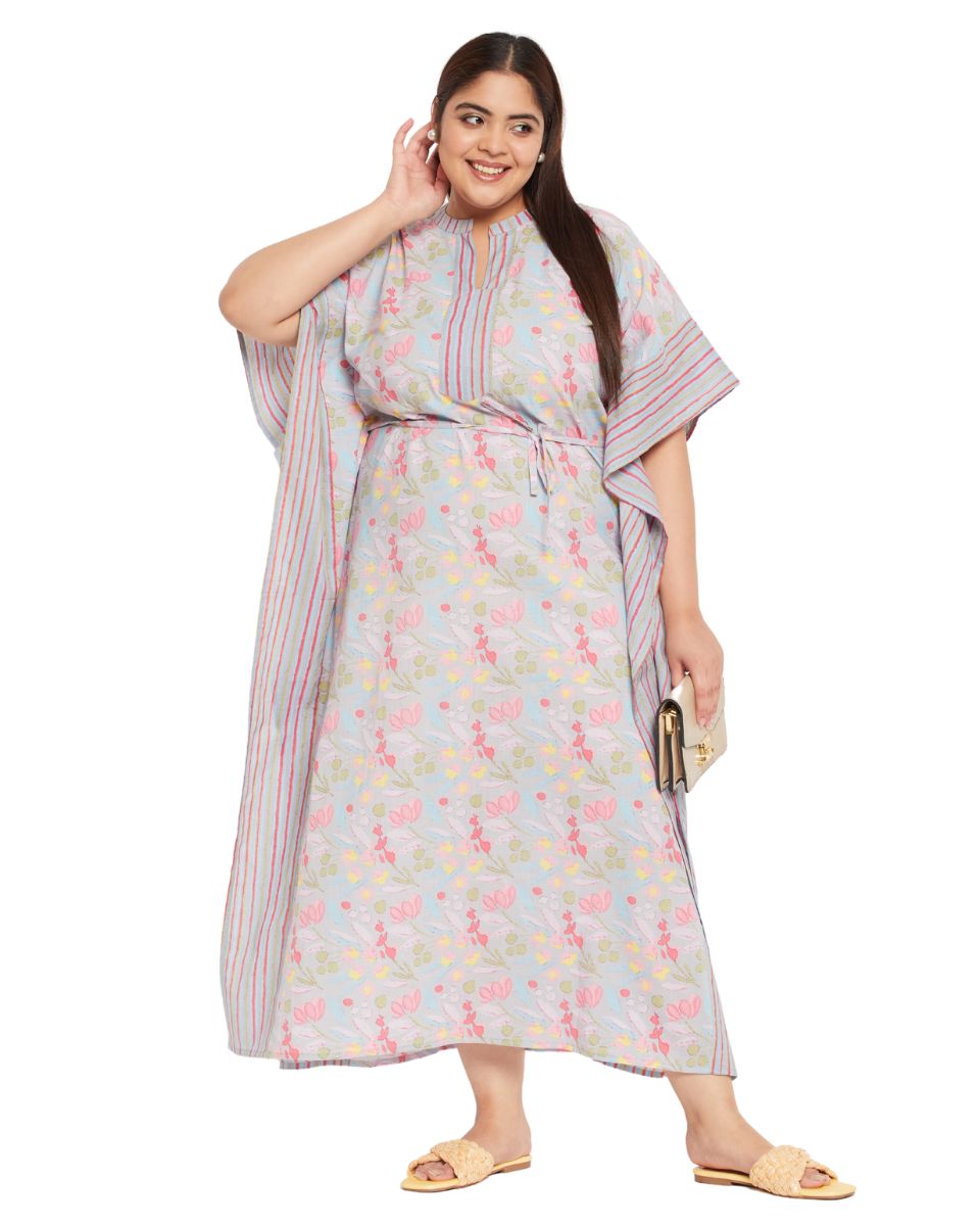Gray Cotton Plus Size Floral Kaftan Dress For Women