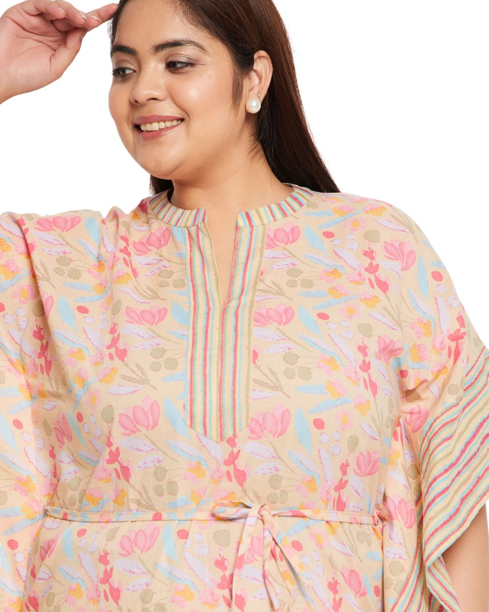 Floral YELLOW Cotton Drawstring Plus Size Elegant Evening Kaftan for Women