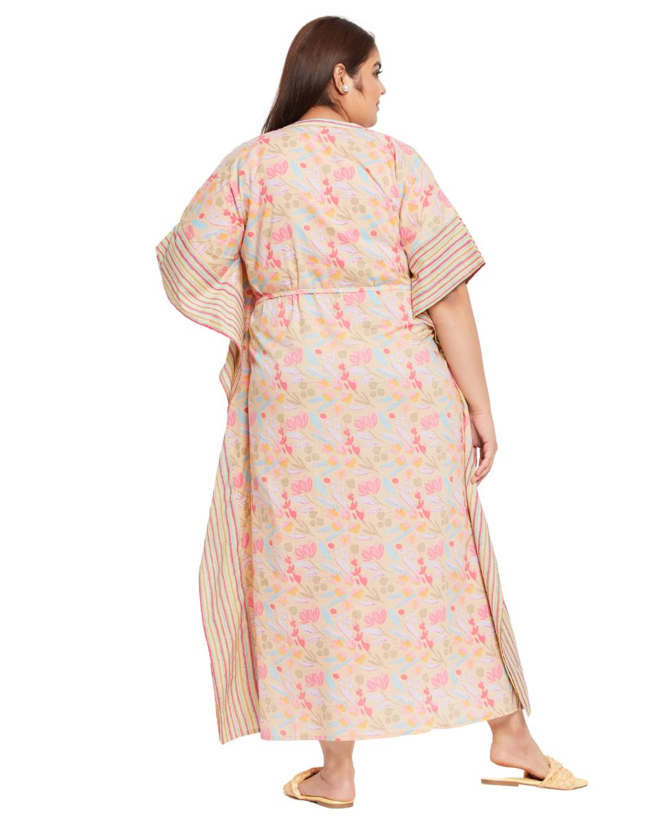 Floral YELLOW Cotton Drawstring Plus Size Elegant Evening Kaftan for Women