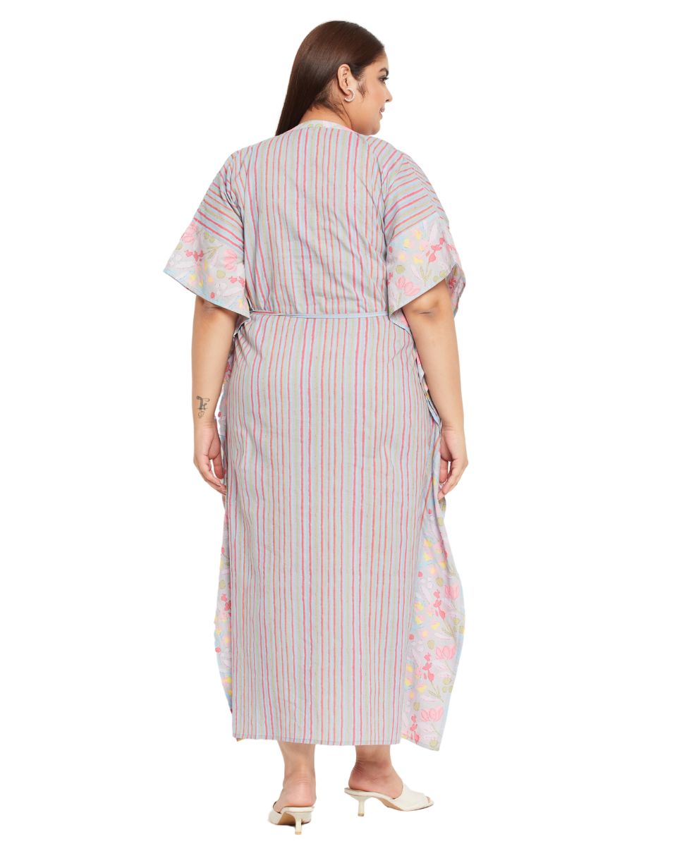 Floral Striped Print Gray Cotton Plus Size Kaftan For Women