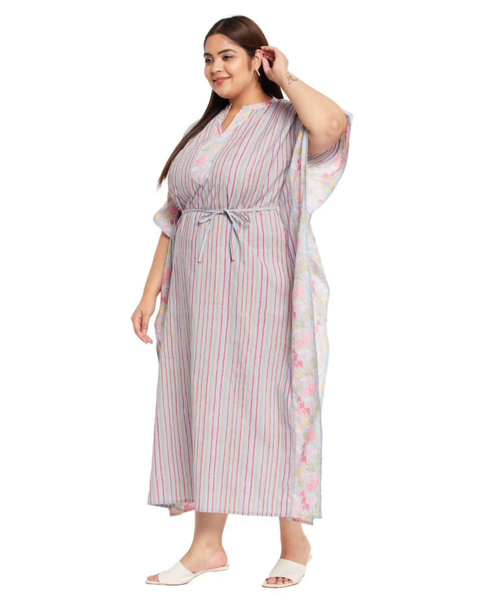 Floral Striped Print Gray Cotton Plus Size Kaftan For Women