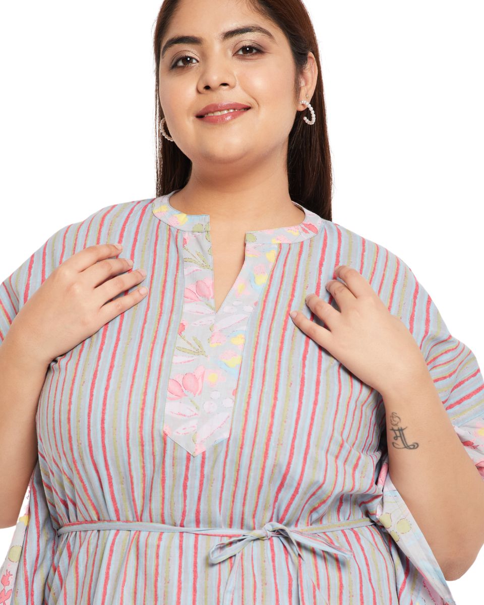 Floral Striped Print Gray Cotton Plus Size Kaftan For Women