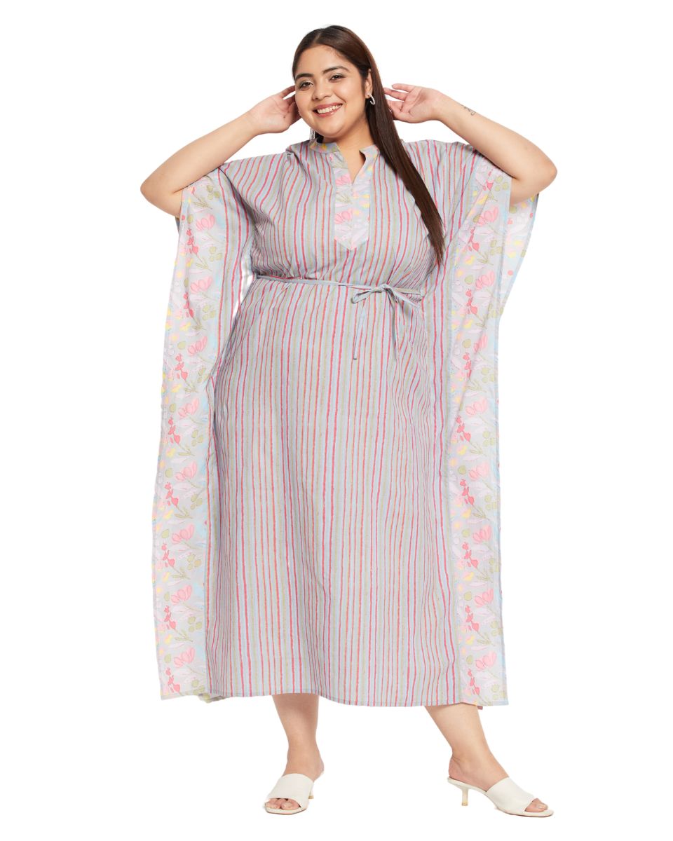 Floral Striped Print Gray Cotton Plus Size Kaftan For Women