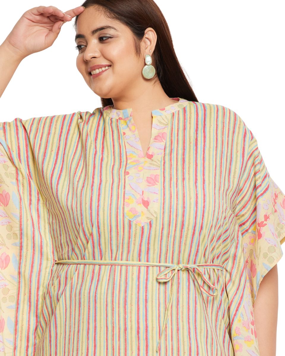 Floral Yellow Women Plus Size Cotton Caftan For Beach