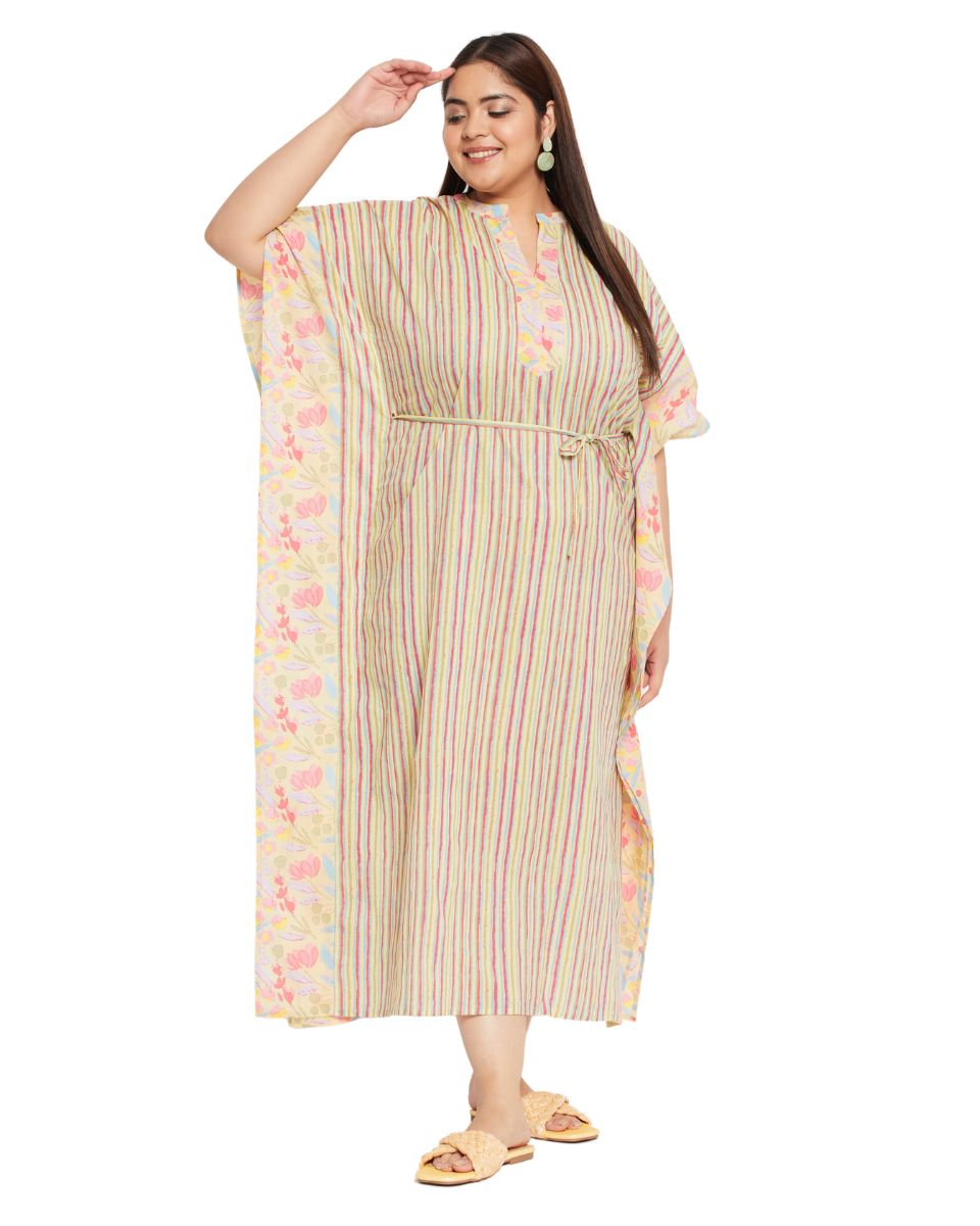 Floral Yellow Women Plus Size Cotton Caftan For Beach
