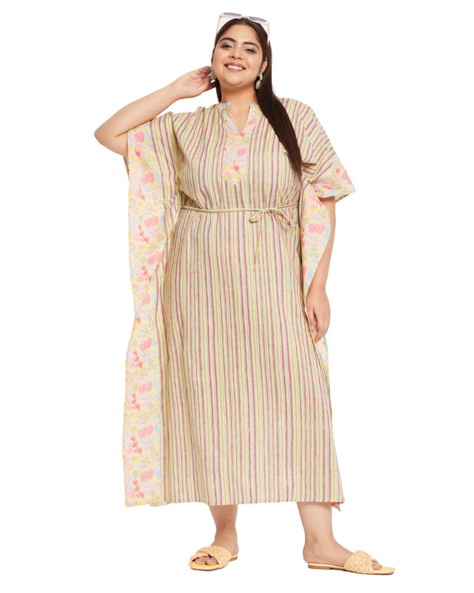 Floral Yellow Women Plus Size Cotton Caftan For Beach