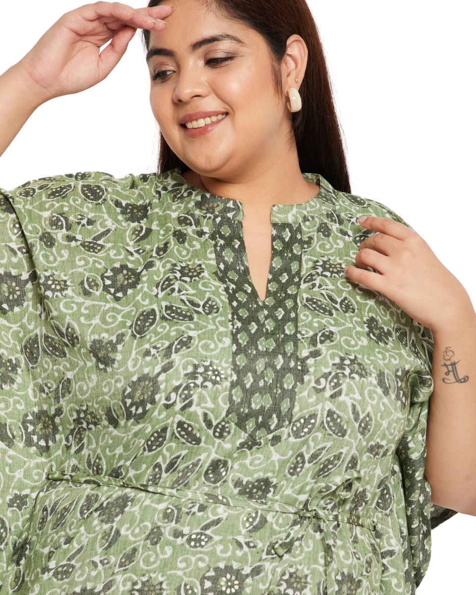 Fern Green Floral printed Cotton Drawstring Kaftan For Plus Size Women