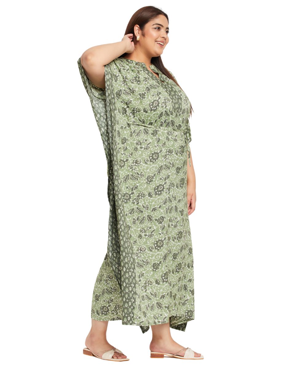 Fern Green Floral printed Cotton Drawstring Kaftan For Plus Size Women