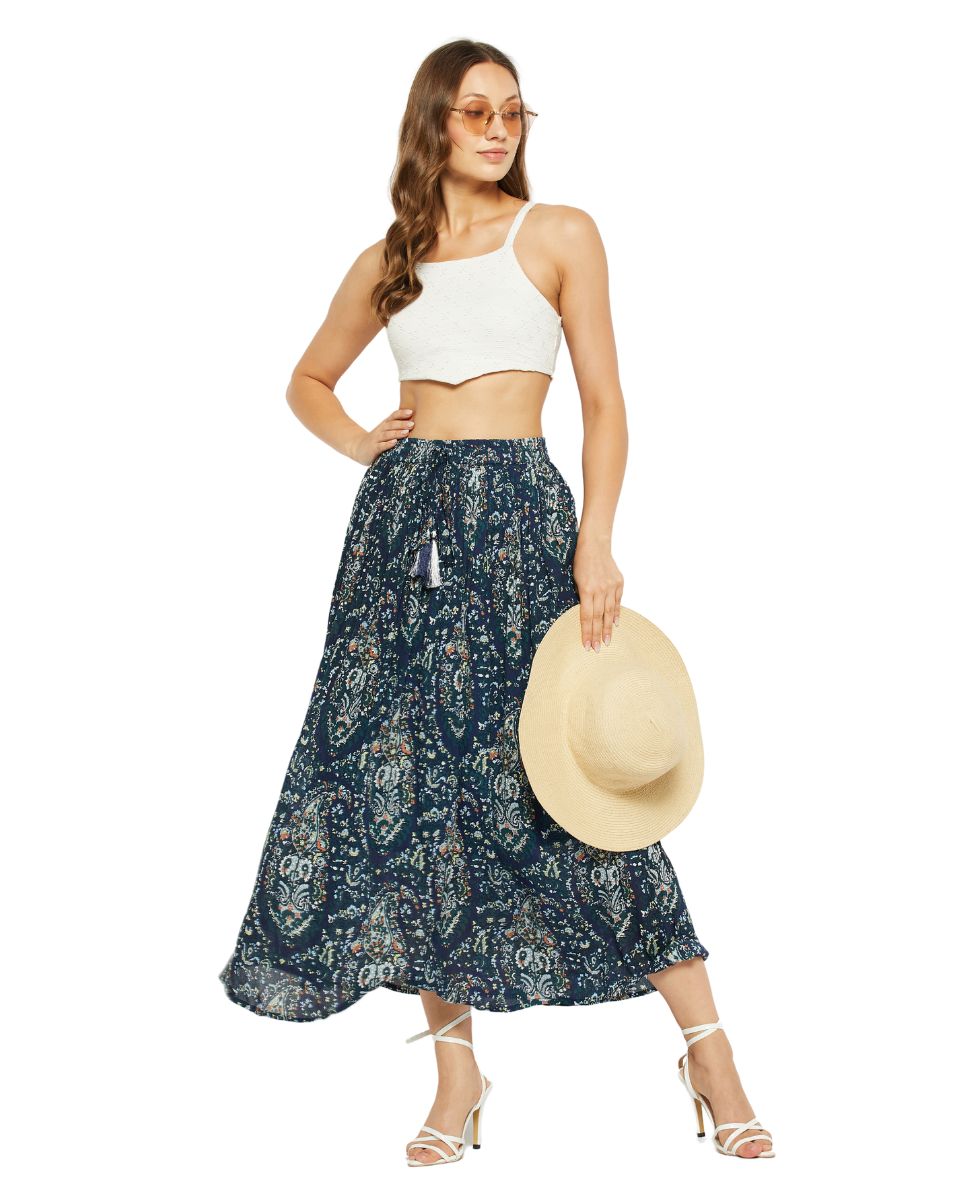 Paisley Printed Navy Blue Pleated Lycra Skirt For Women
