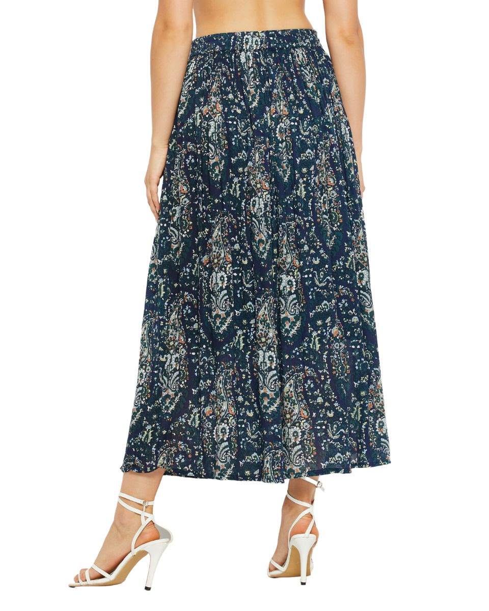 Paisley Printed Navy Blue Pleated Lycra Skirt For Women