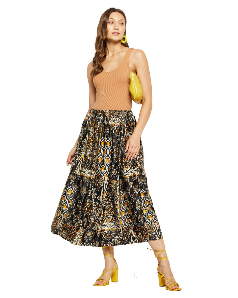 Paisley Printed Multicolor Pleated Lycra Skirt For Women