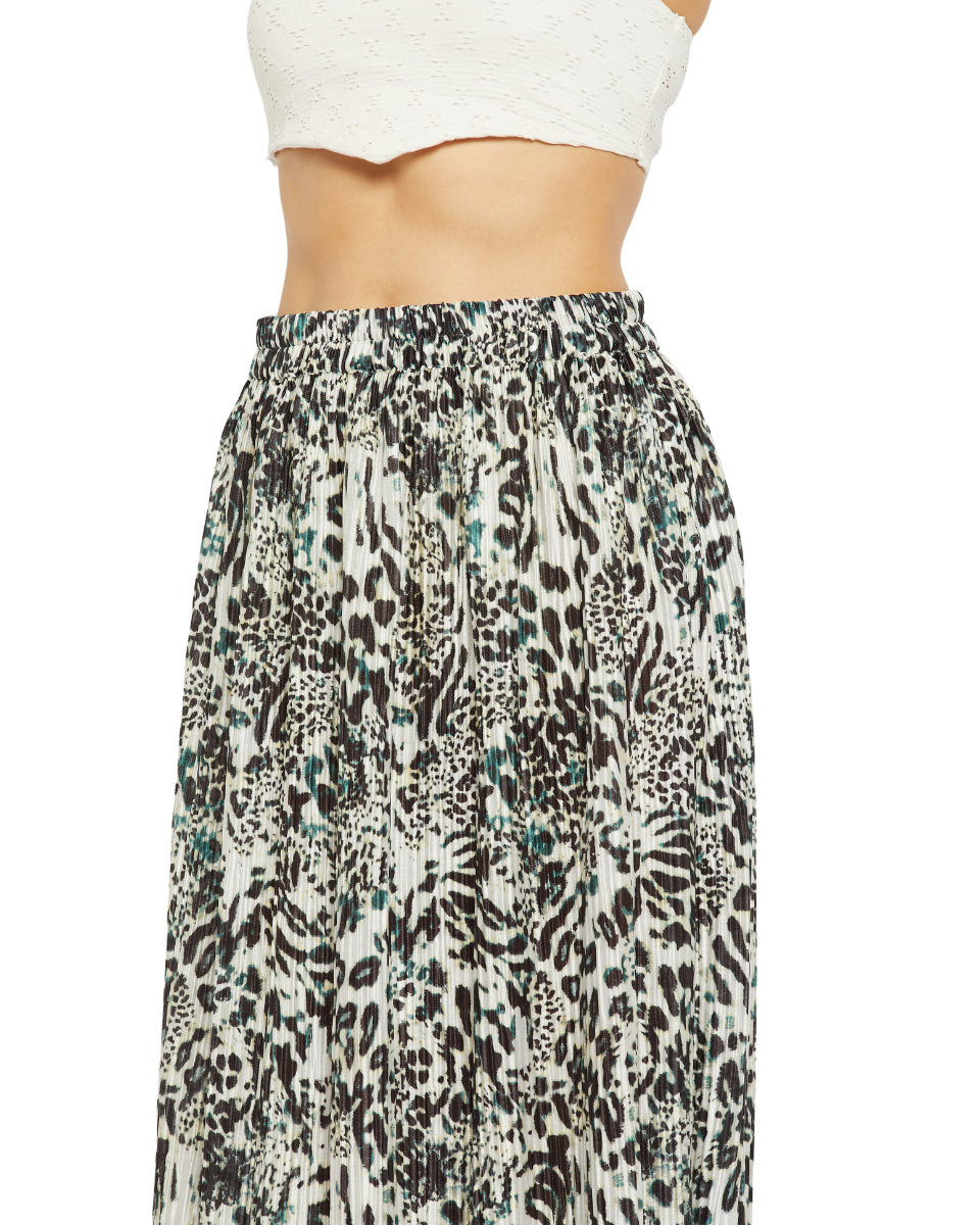 Black And White Animal Printed Pleated Lycra Long Long Skirt For Women