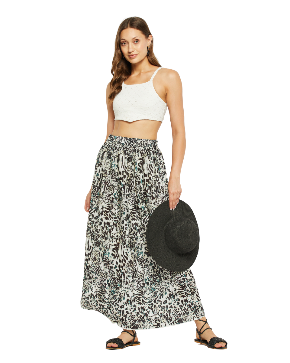 Black And White Animal Printed Pleated Lycra Long Long Skirt For Women