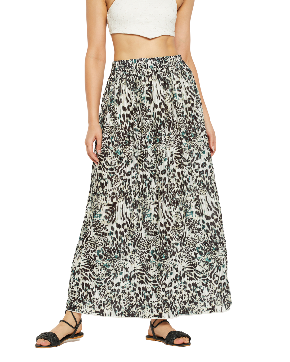 Black And White Animal Printed Pleated Lycra Long Long Skirt For Women
