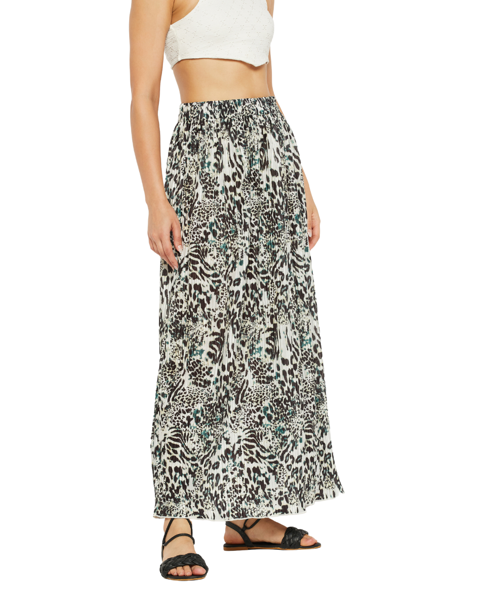 Black And White Animal Printed Pleated Lycra Long Long Skirt For Women