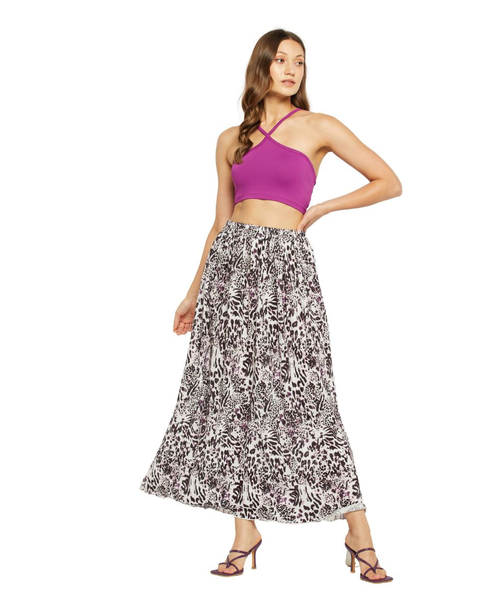 Blackberry And White Lycra Animal Print Casual Pleated Long Skirt For Women