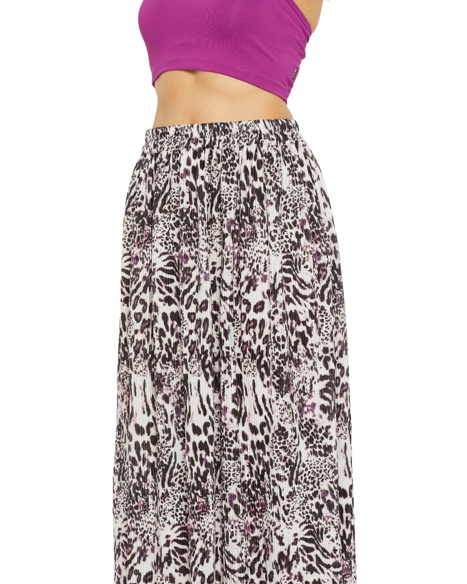 Blackberry And White Lycra Animal Print Casual Pleated Long Skirt For Women