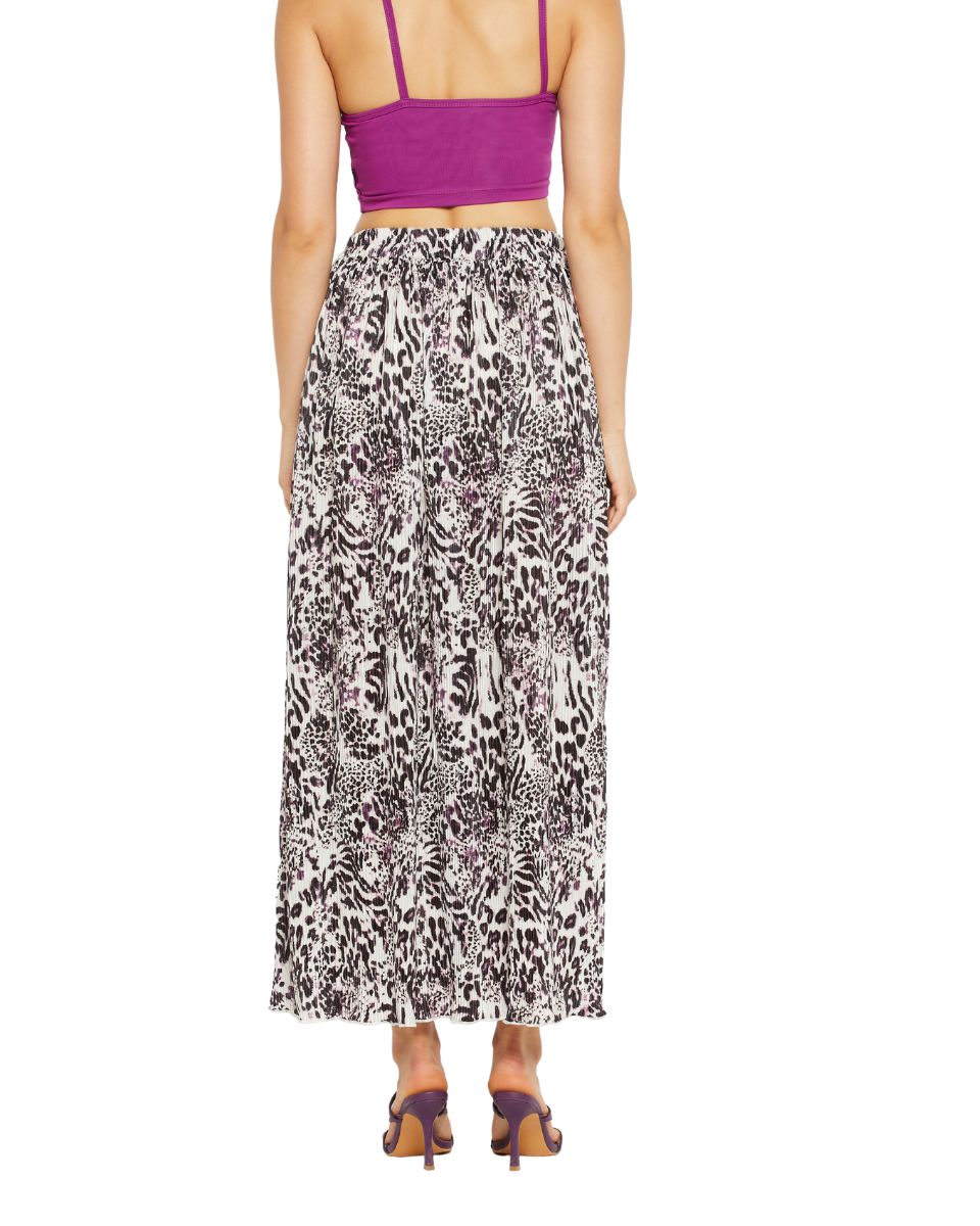 Blackberry And White Lycra Animal Print Casual Pleated Long Skirt For Women
