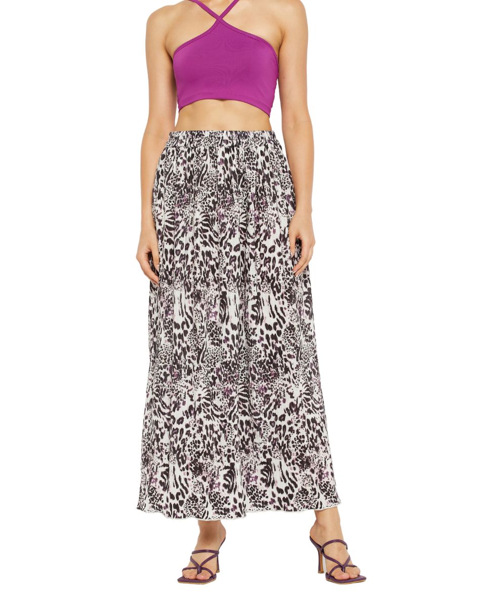 Blackberry And White Lycra Animal Print Casual Pleated Long Skirt For Women