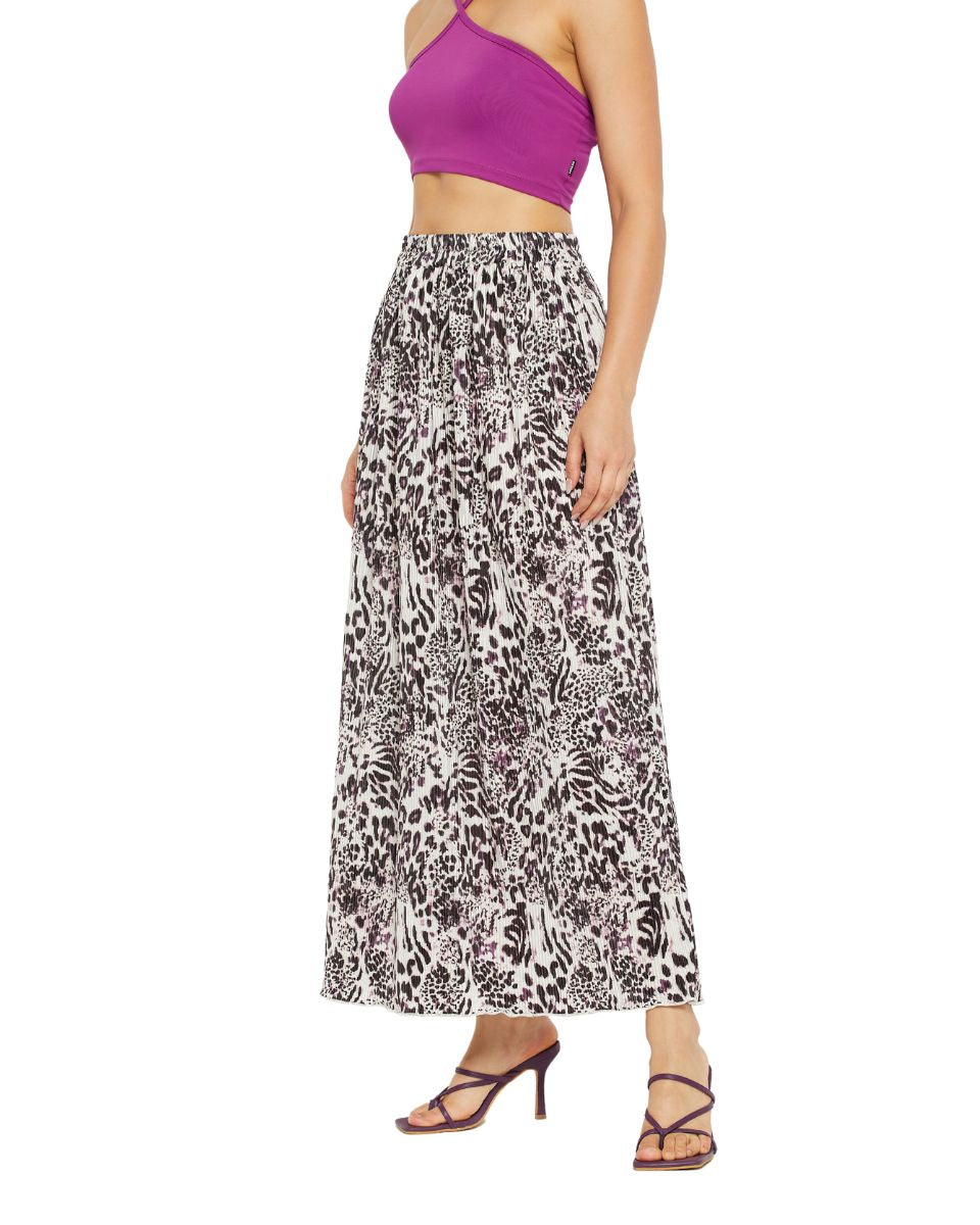 Blackberry And White Lycra Animal Print Casual Pleated Long Skirt For Women