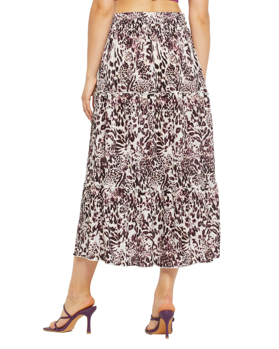 Wine And White Lycra Animal Print Maxi Skirt For Women