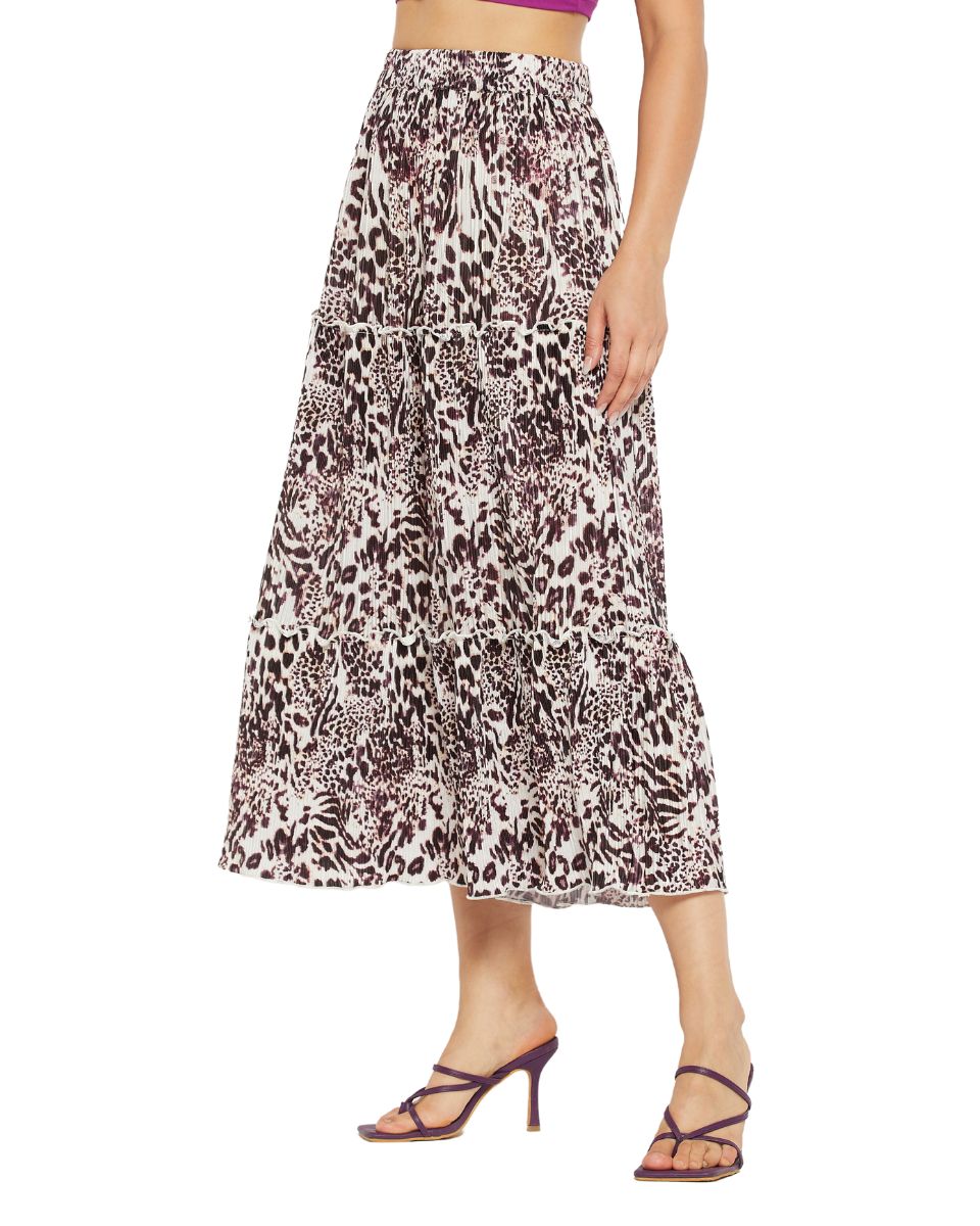 Wine And White Lycra Animal Print Maxi Skirt For Women