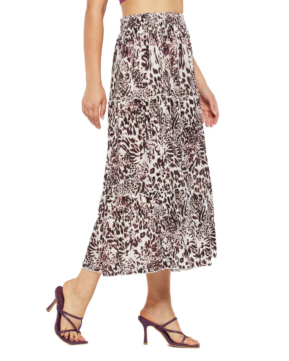 Wine And White Lycra Animal Print Maxi Skirt For Women