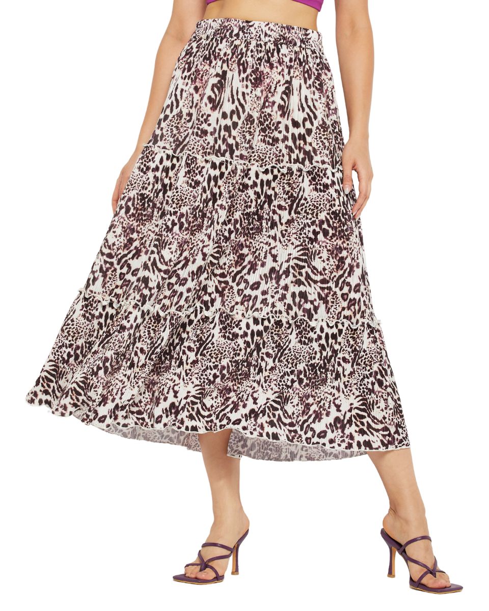 Wine And White Lycra Animal Print Maxi Skirt For Women