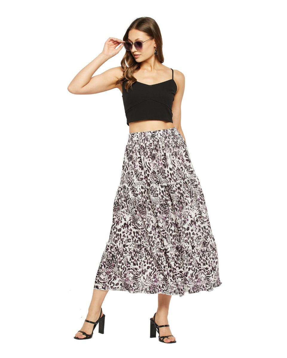 Animal Printed Blackberry Pleated Lycra Skirt For Women